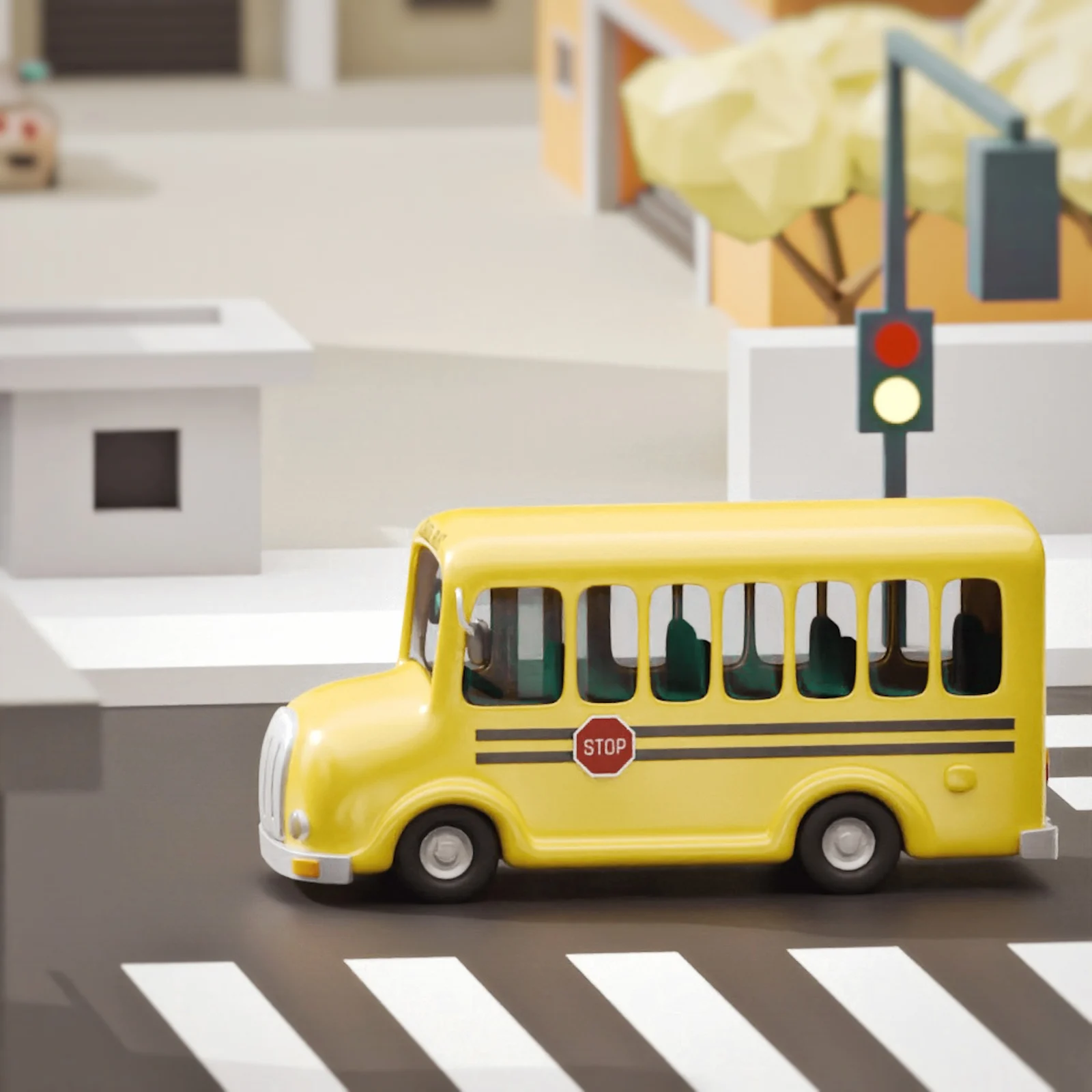 Gelber Schulbus auf einer stilisierten Stadtstraße