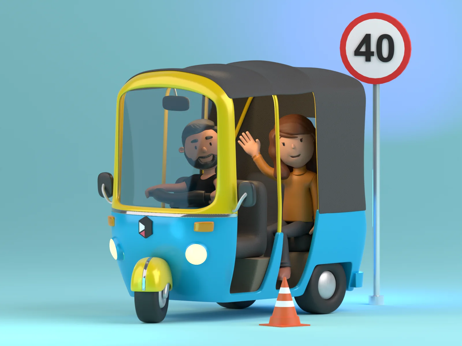 Blau-gelbes Tuk-Tuk mit Fahrgästen