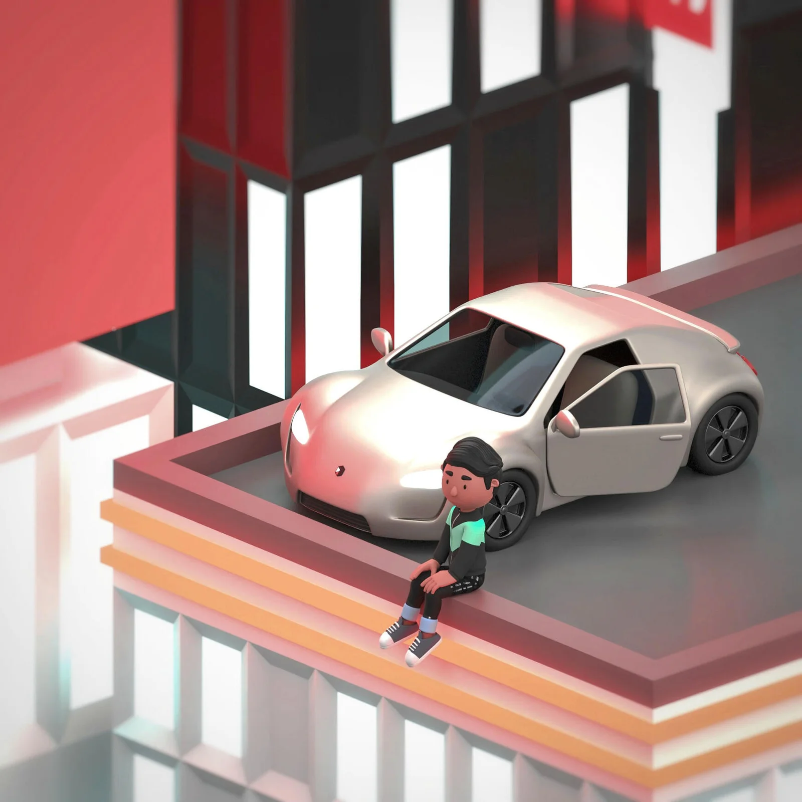 Beispielszene mit einem Worldz-Gebäude, einem Auto und einem sitzenden Charakter