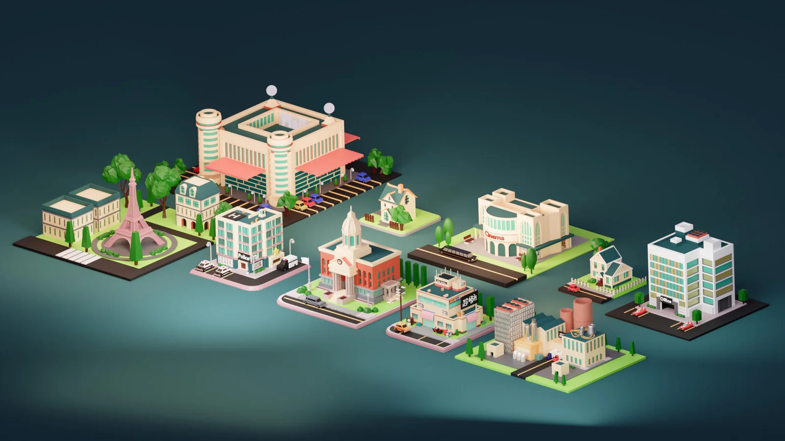 Worldz-Low-Poly-Viertel mit Gebäuden und Parks
