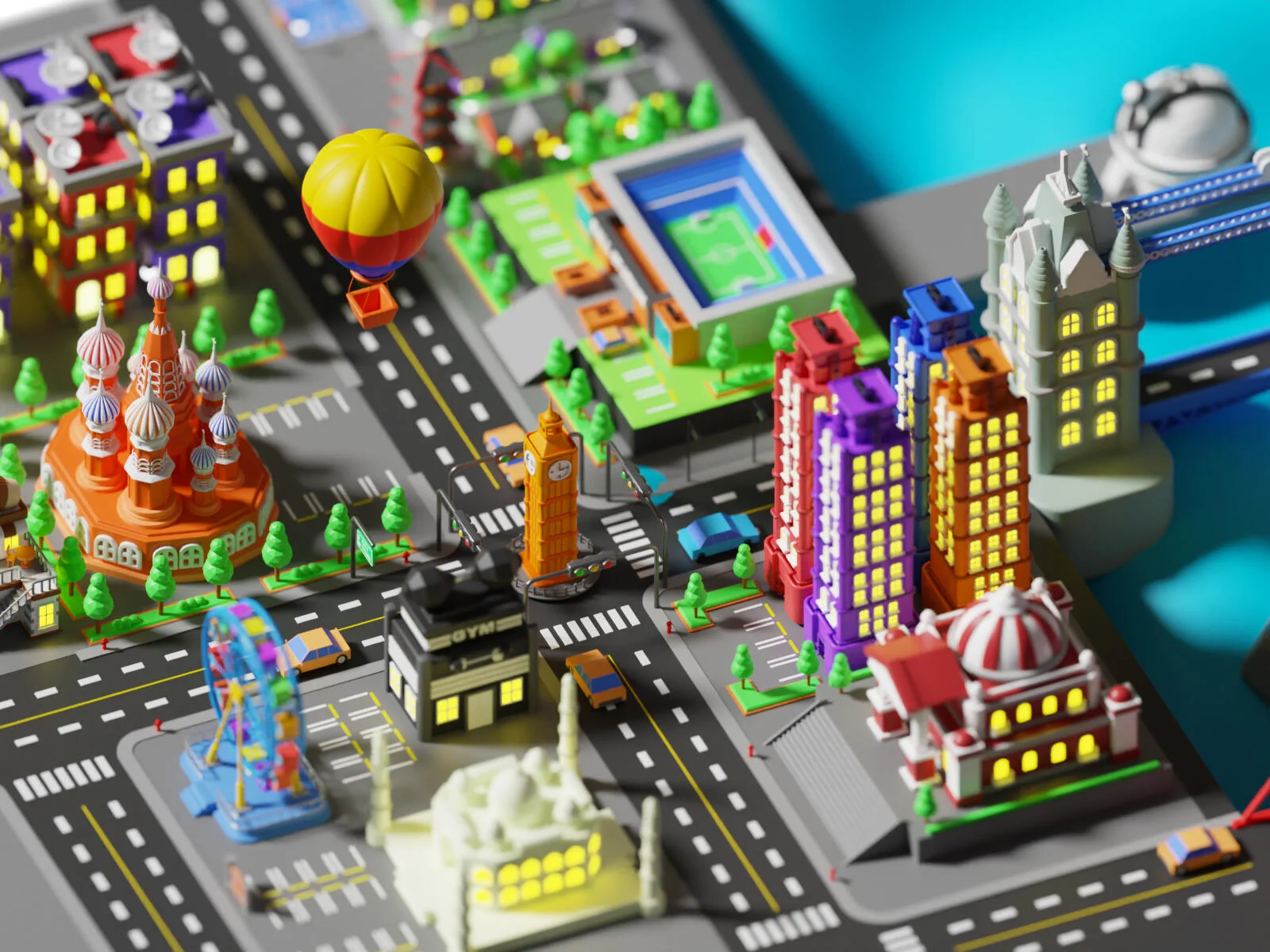 Stilisierte Worldz-Wahrzeichen und bunte Stadtgebäude neben modularen Straßen
