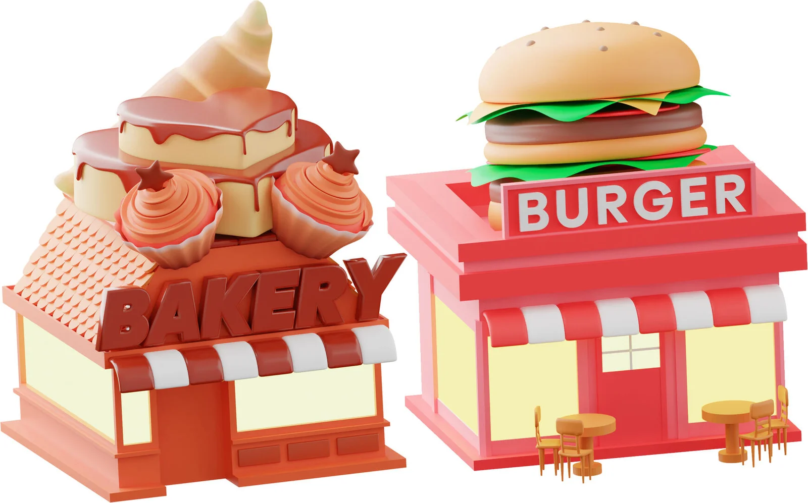 Low-Poly-Bäckerei mit Cupcake-Dach und Burgerladen mit Burger-Dach