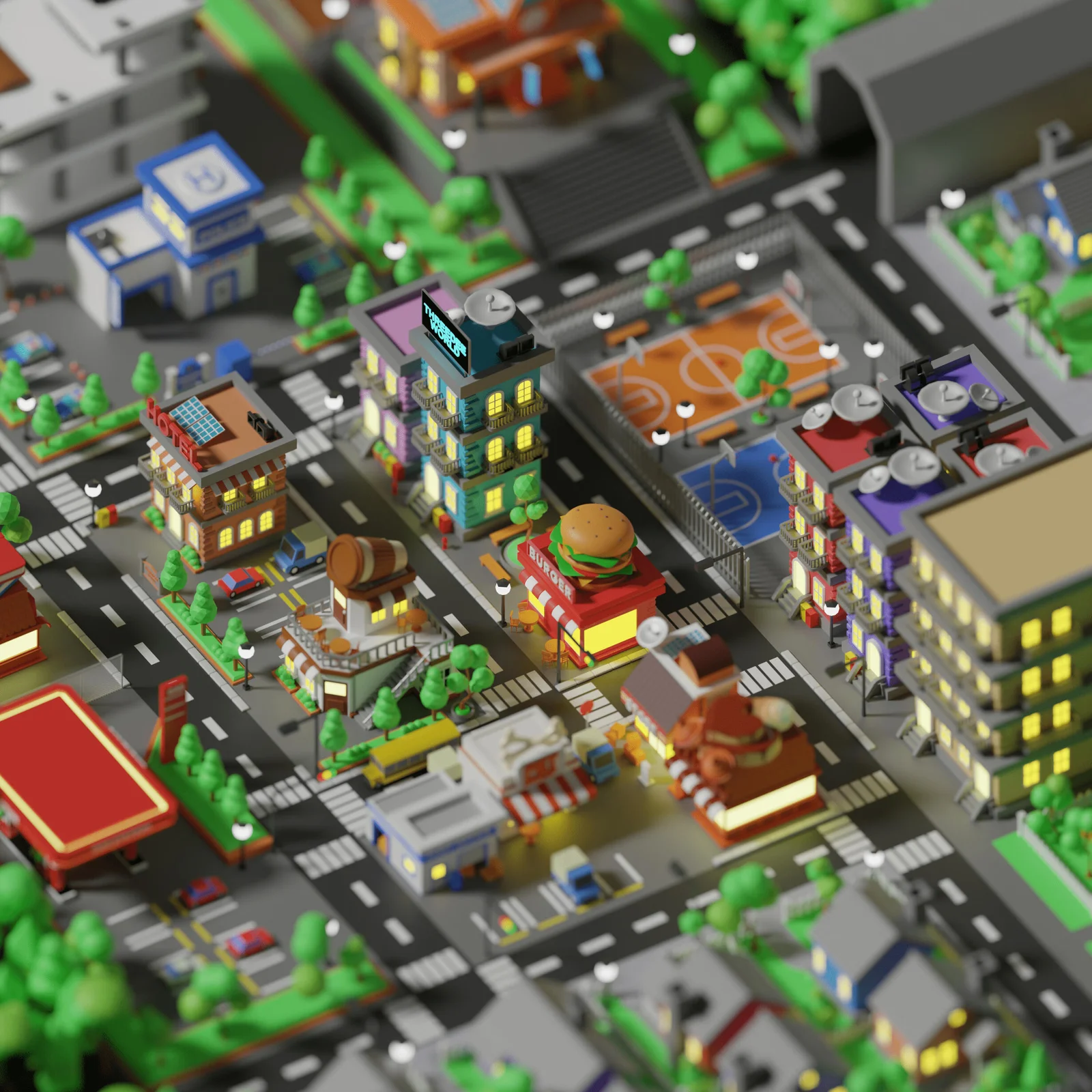 Eine bunte Worldz-Stadt mit Low-Poly-Gebäuden, Straßen, Bäumen, Fahrzeugen und einem Basketballplatz